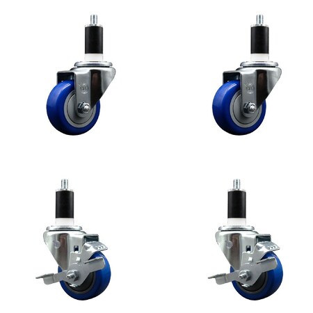 Service Caster 3'' SS Blue Poly Wheel Swivel 1-3/8'' Expanding Stem Caster Set 2 Brakes, 4PK SCC-SSEX20S314-PPUB-BLUE-2-TLB-2-138